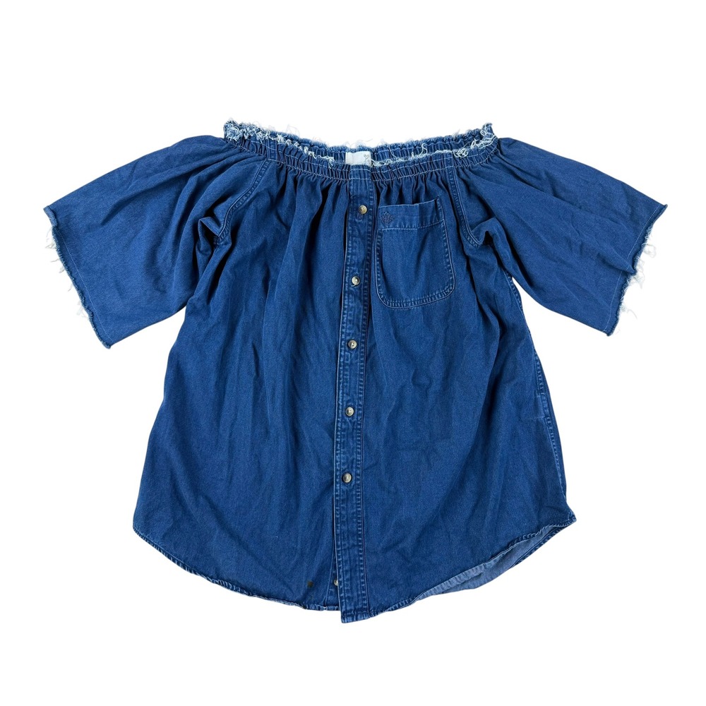 Boho Off Shoulder Top Denim Repurposed Raw Hem S/M Urban Renewal